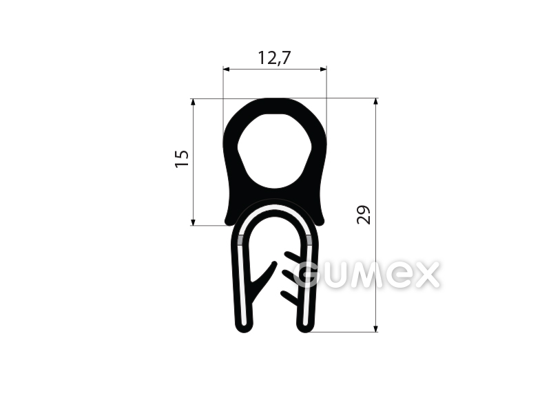 Profil U-PIRELI mit Metallverstärkung mit oberer Dichtung A2207,78°ShA,U-PVC, Bauch-EPDM, schwarz, 
